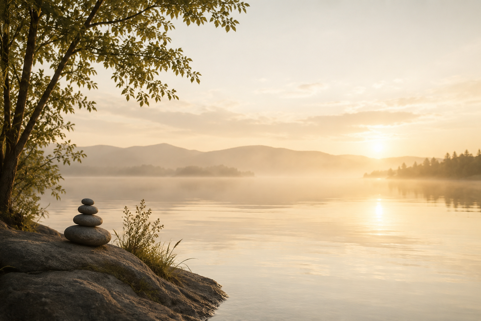 Calm lake at sunrise with balanced stones