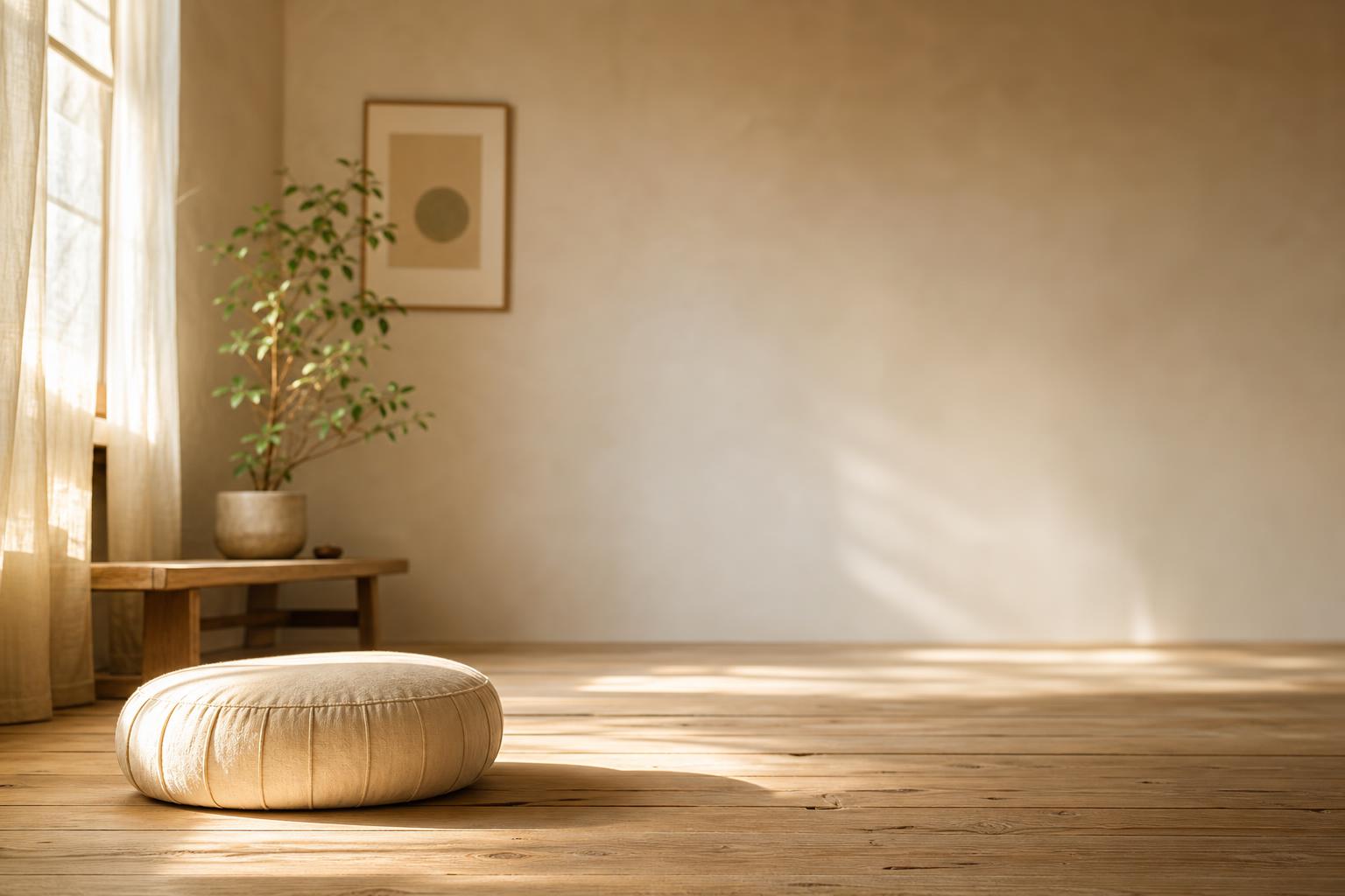 A woman meditating at home surrounded by houseplants in a warm, sunlit living room
