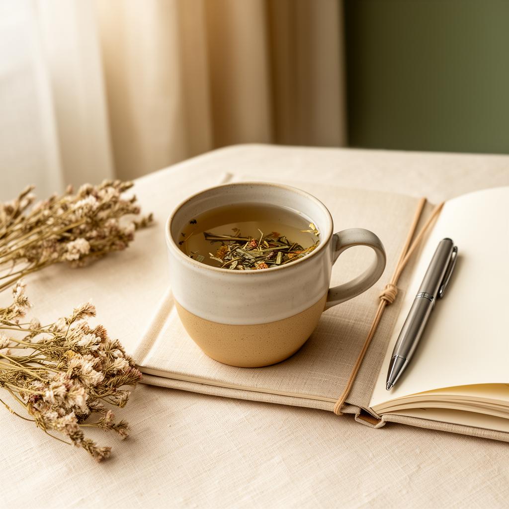 A cup of herbal tea beside an open journal in a calm interior